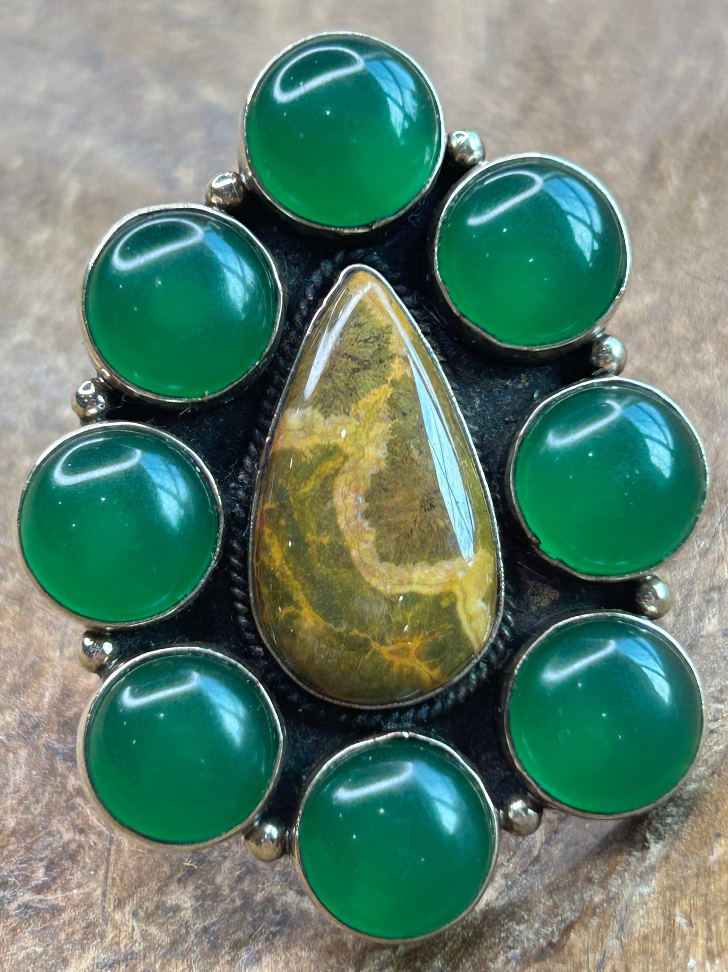 German Silver Jade and Jasper Cluster Ring