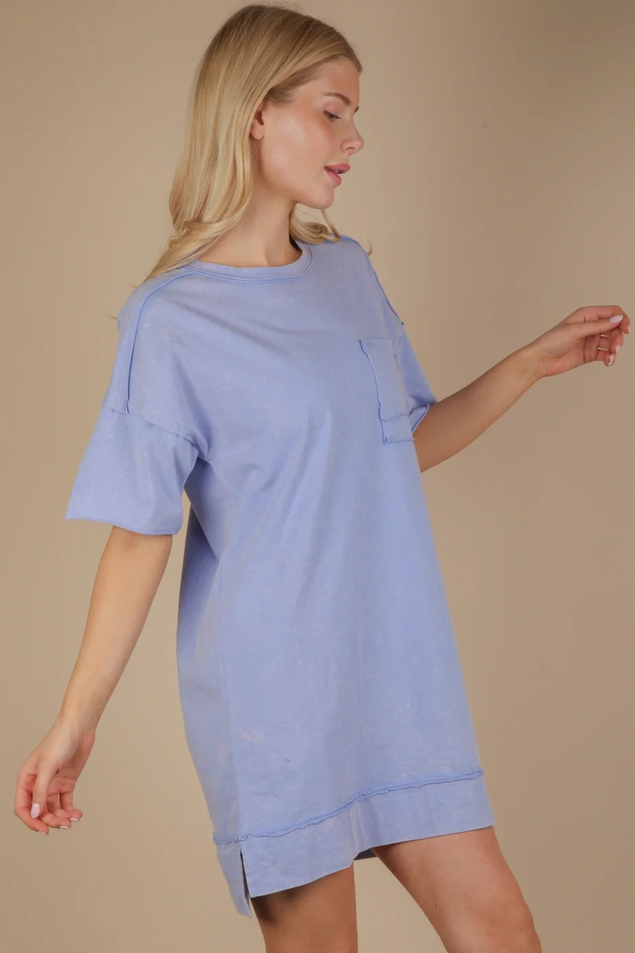 Very J Mineral Washed Knit Oversized Shift Mini Dress Blue *Final Sale*