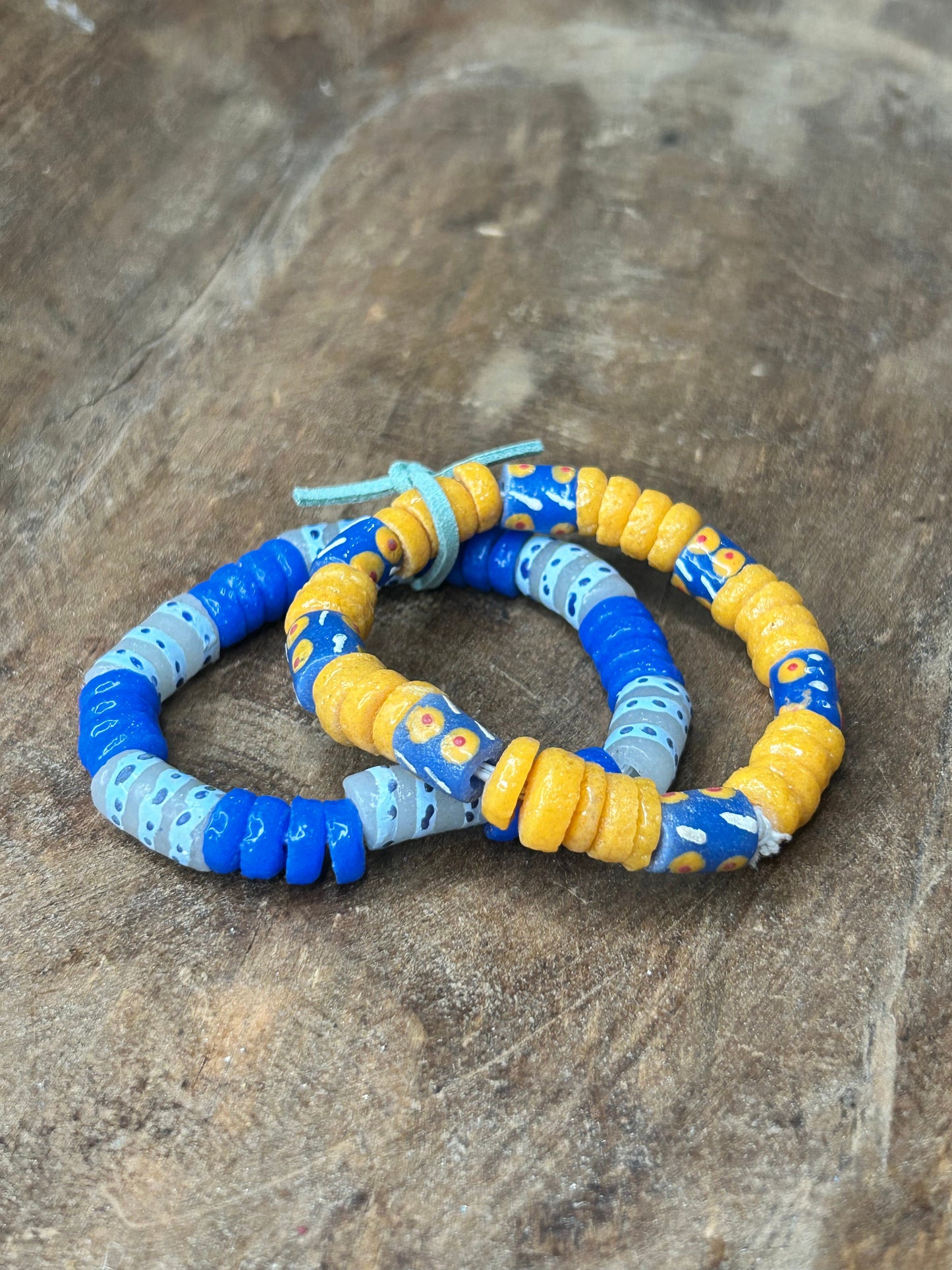 African Glass Bead Bracelet Stack (YELLOW AND BLUE)