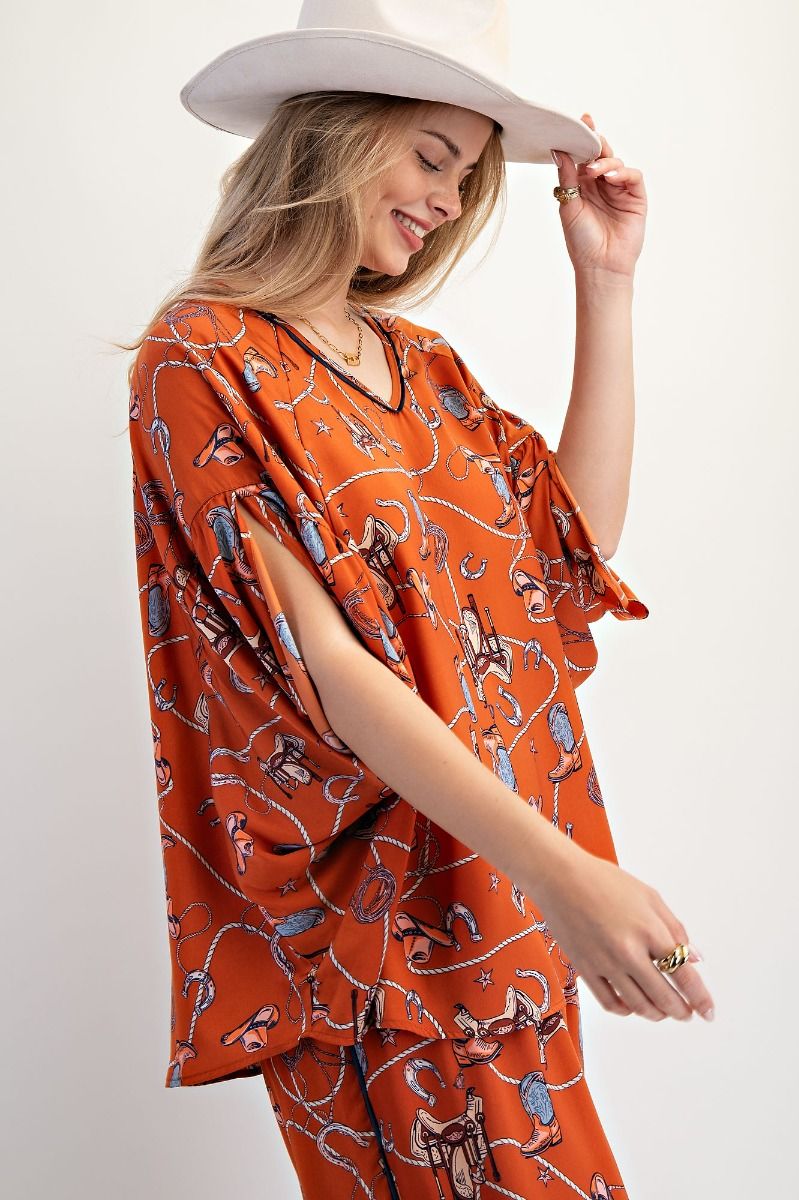 Easel - Half Sleeve Western Printed  SatinTop Rust *Final Sale*