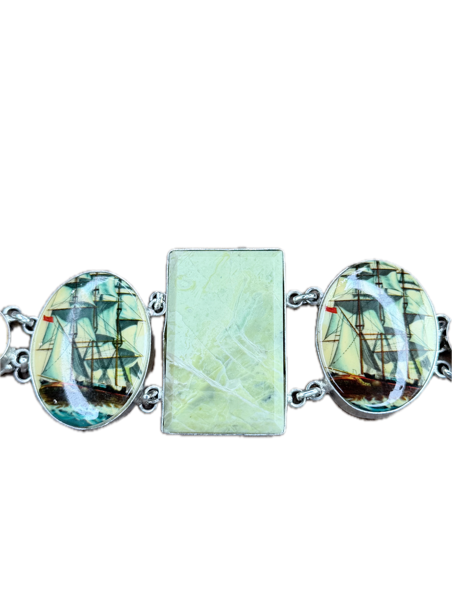 German Silver Vintage Ship and Stone Tray Bracelet