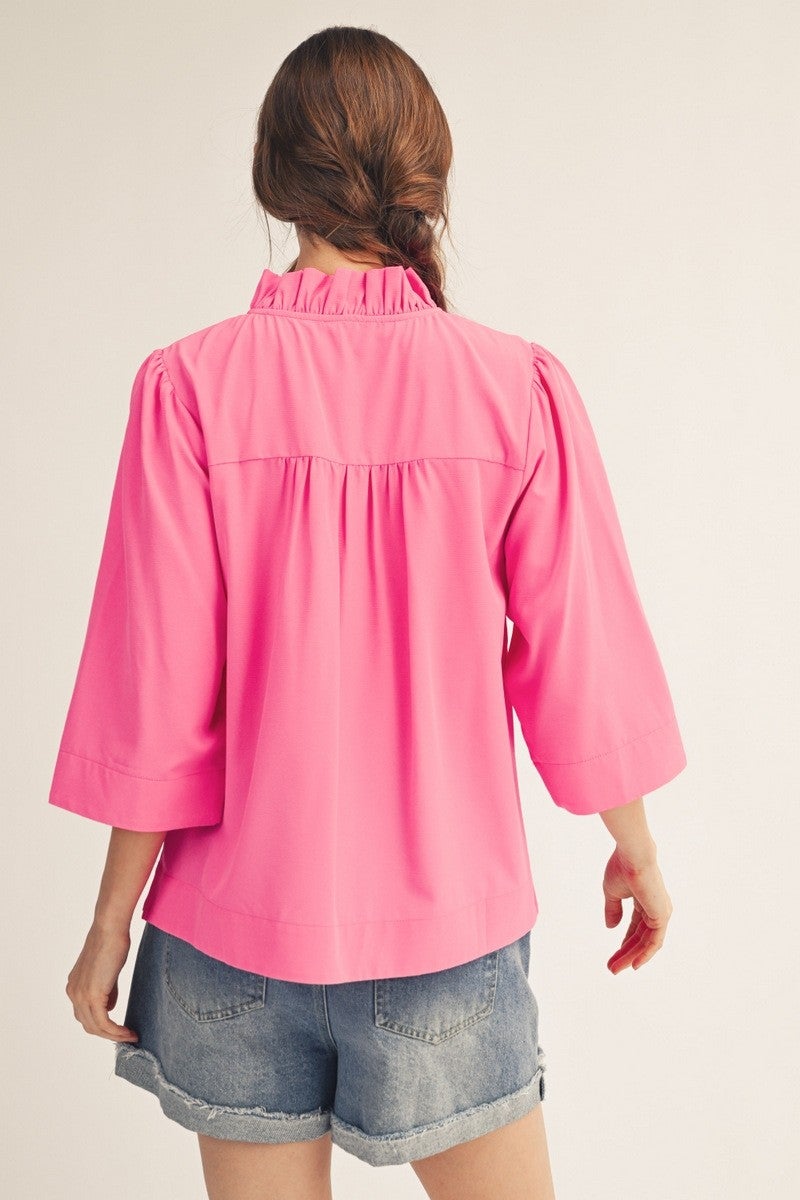 Jodifl- Ruffled Neck Crinkle Solid Top (Hot Pink)