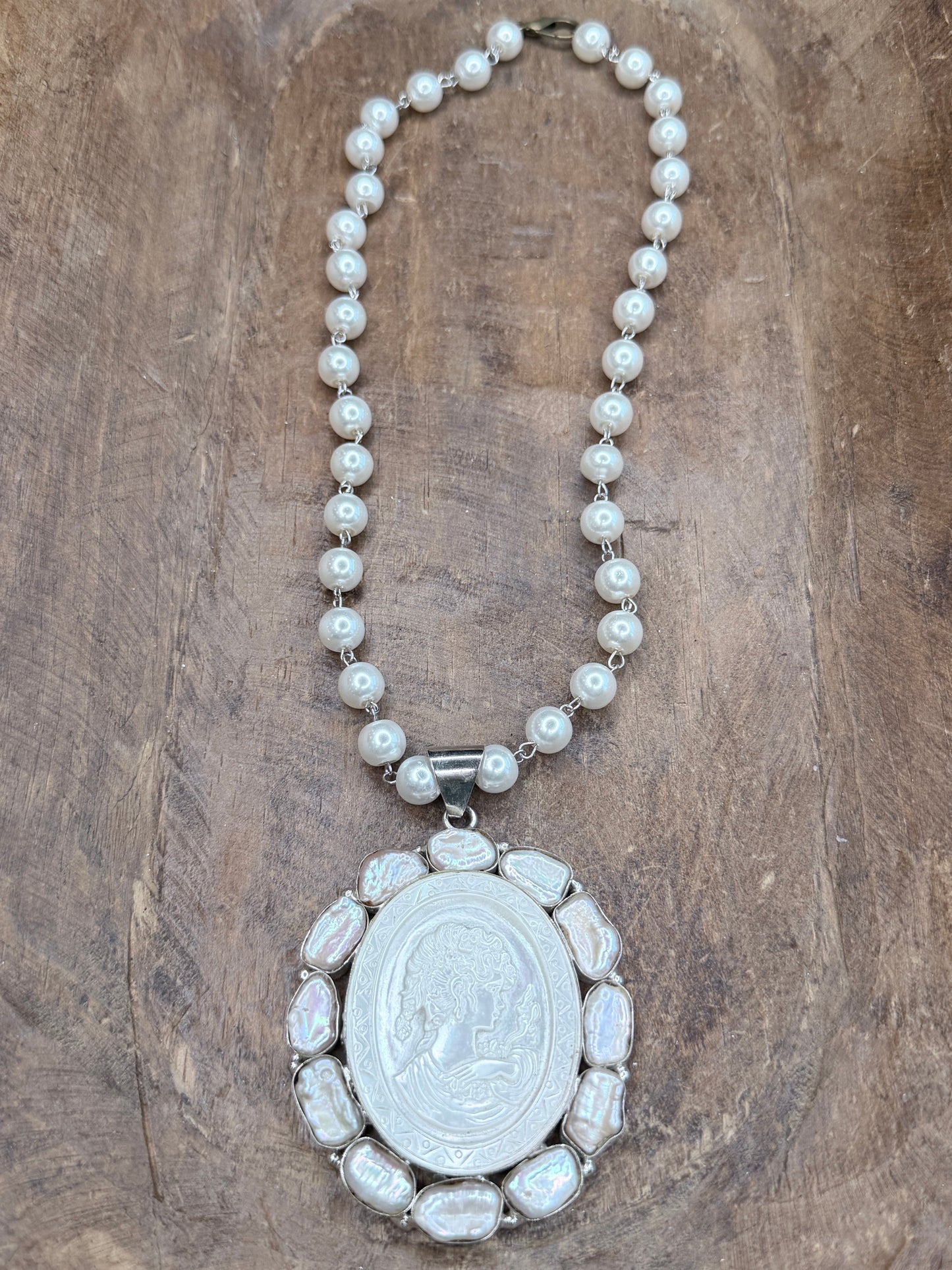 German Silver Pearl Carved  Cameo Cluster Necklace