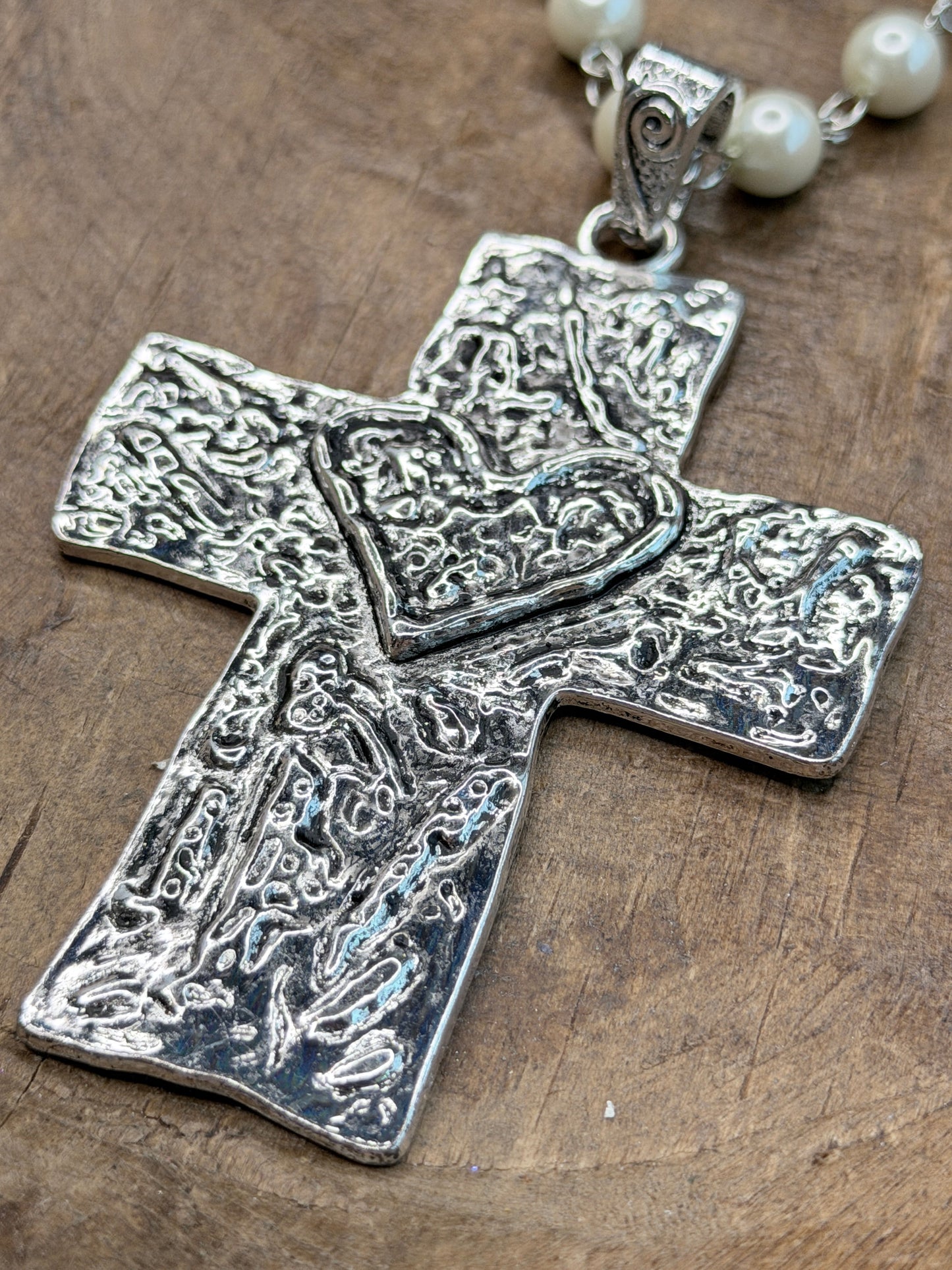 Textured Silver Heart Cross Necklace