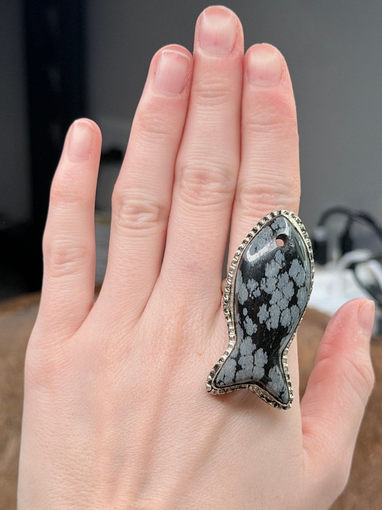 German Silver Snowflake Obsidian Fish Ring