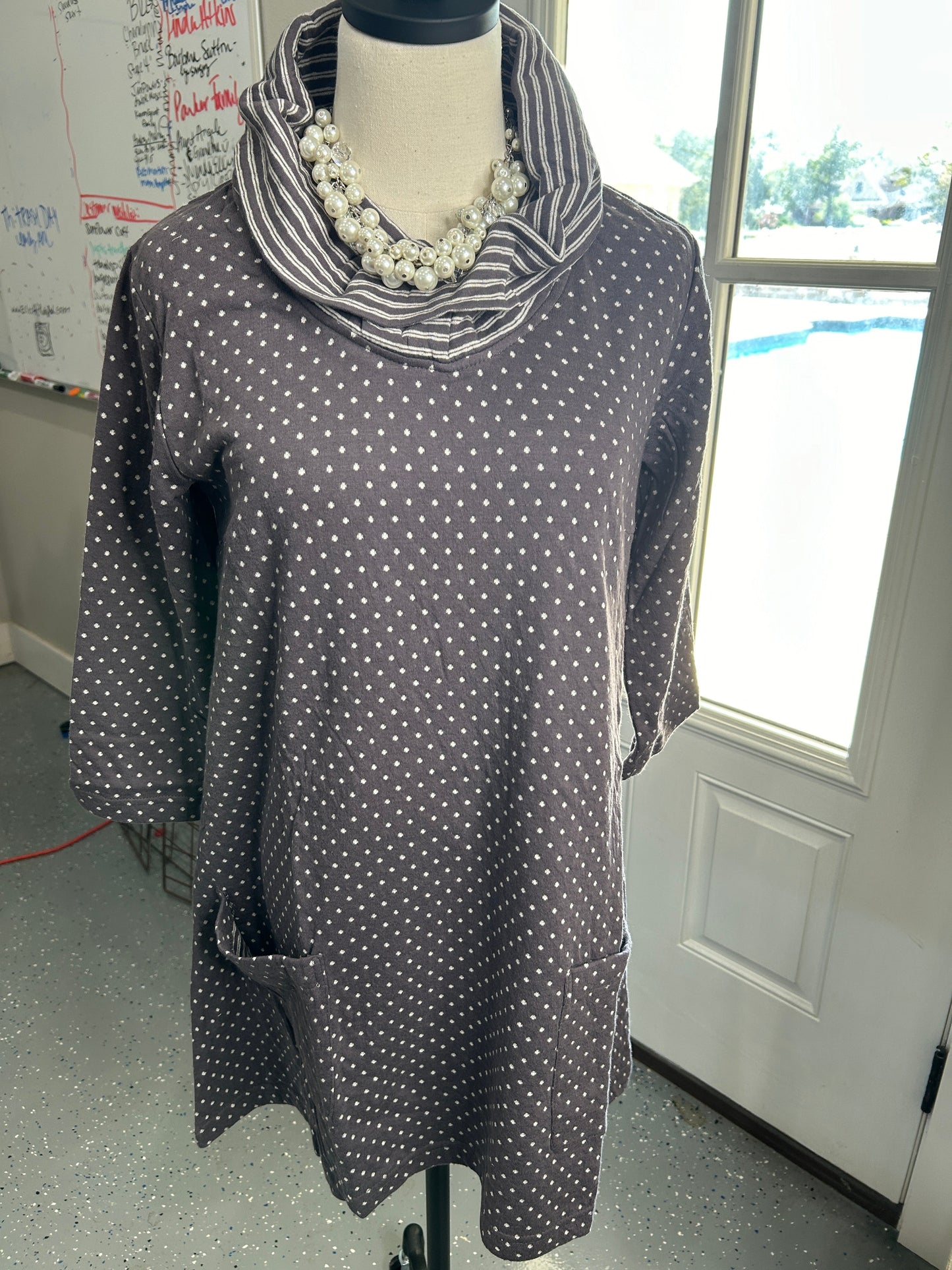 FINAL SALE APT-Paper Lace- Cowl Neck Tunic (Gray & White)