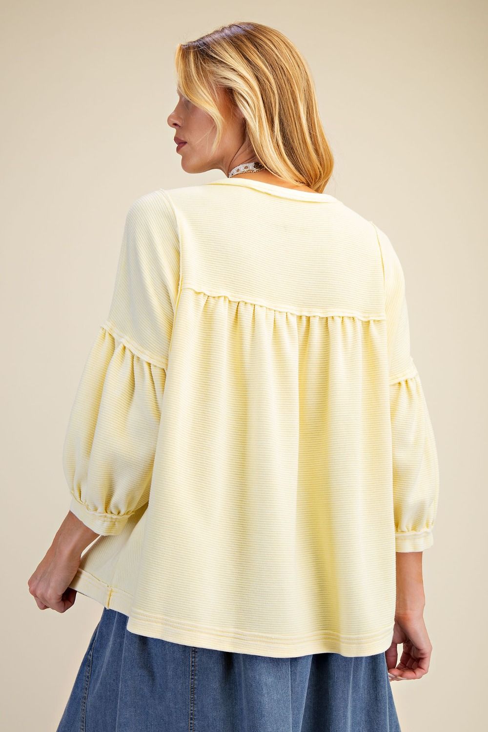 EASEL - Textured Knit Washed Babydoll Top (Lemon)