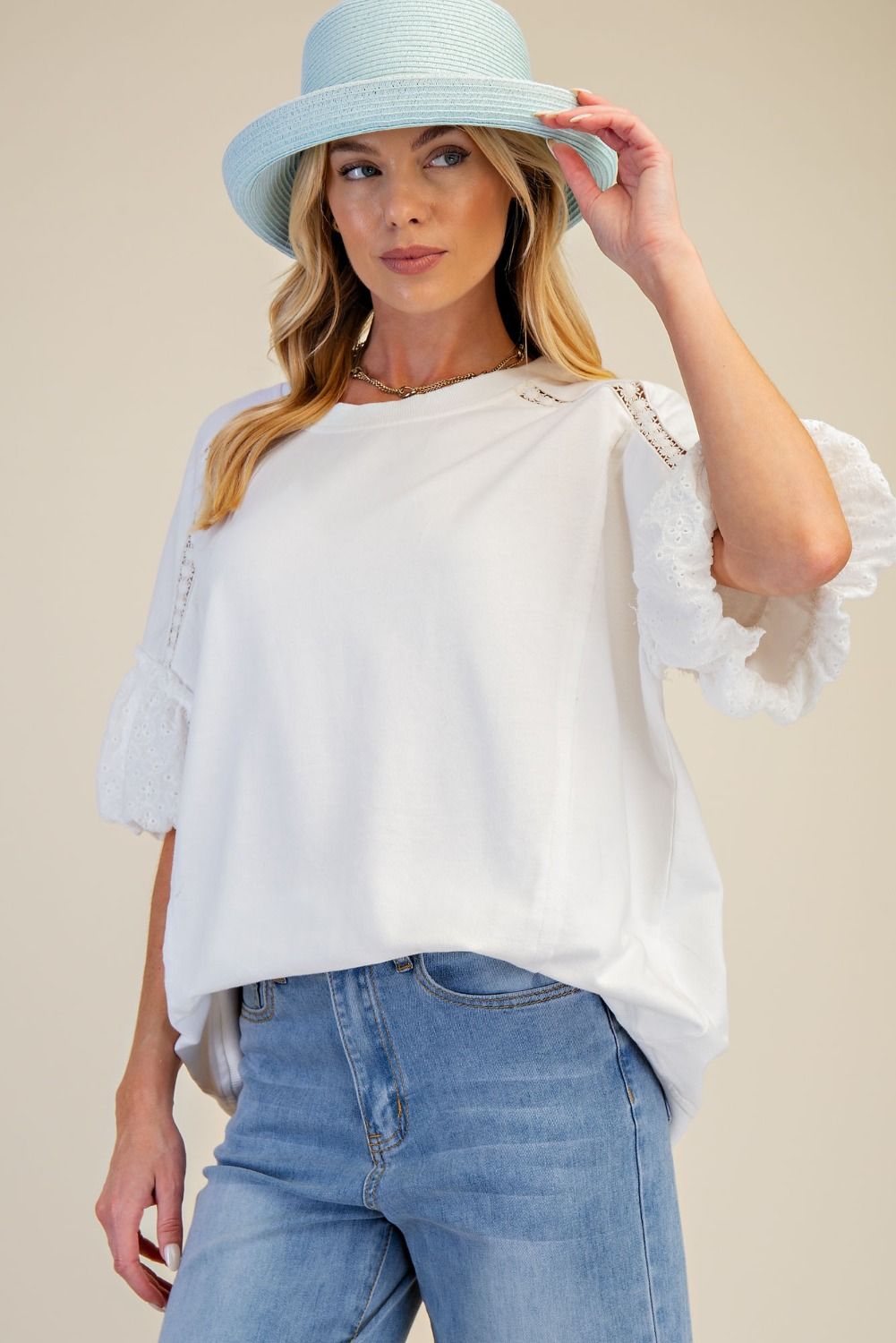 EASEL - Eyelet Sleeve Washed Terry Top (White)