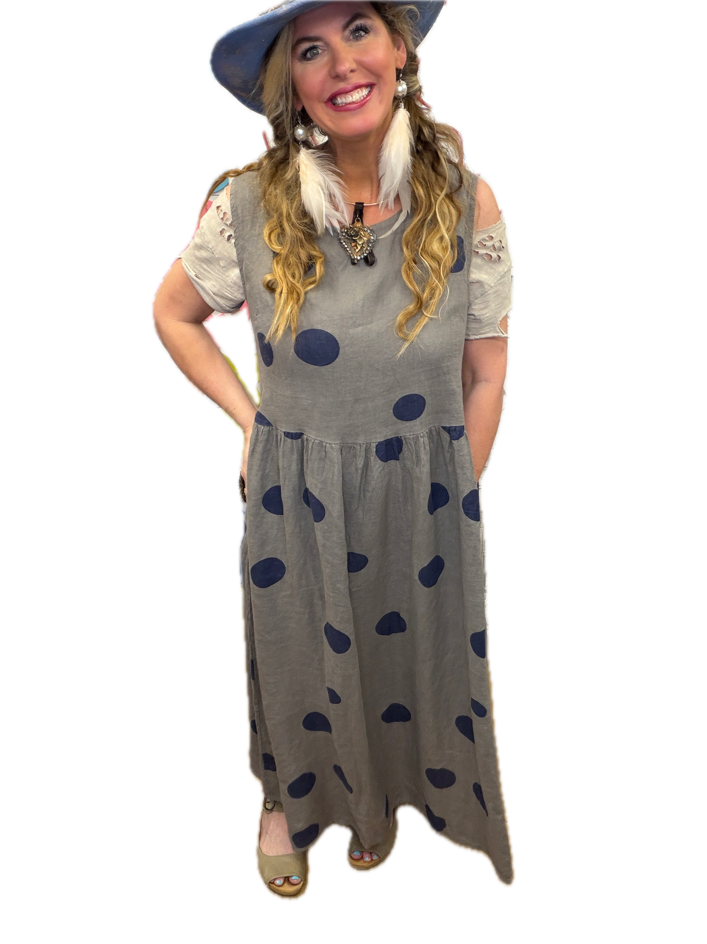 Polka Dot Linen Dress (Taupe)