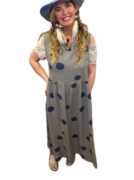 Polka Dot Linen Dress (Taupe)