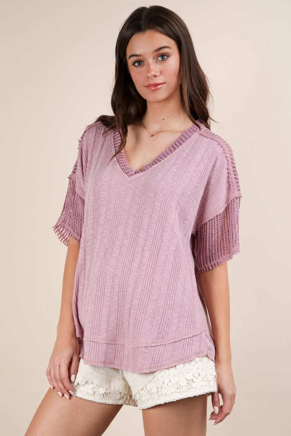 Very J Oversized Contrast Knit Comfy Casual Top in Blush *Final Sale*