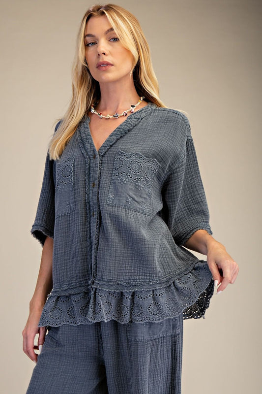 EASEL - Washed Cotton Gauze Top (Smoke)