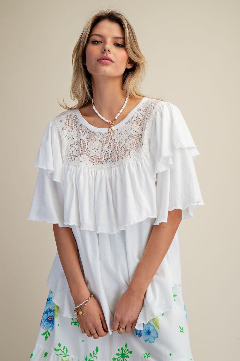 EASEL - Double Wings Sleeves Washed Ruffle Top (Off White)