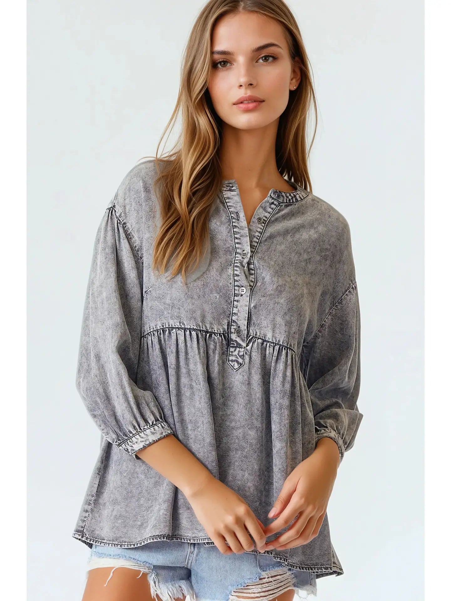 Babydoll Mandarin Collar Top (Black Denim)