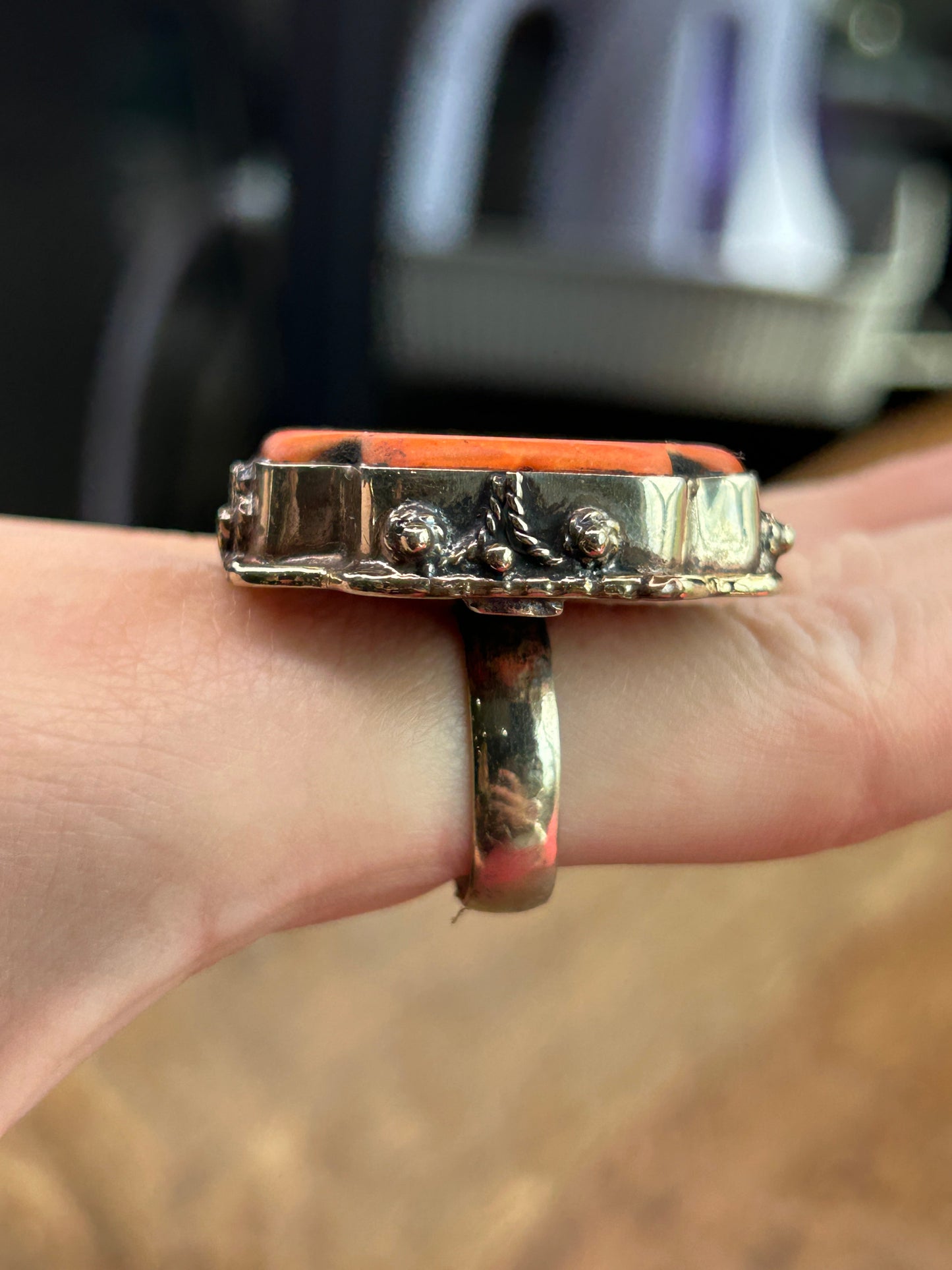 German Silver Orange Magnesite Square Cross Ring