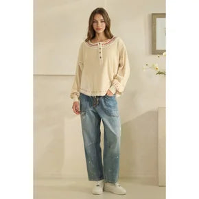 Oli & Hali- Washed X-Stitch Long Sleeve Top (Cream)