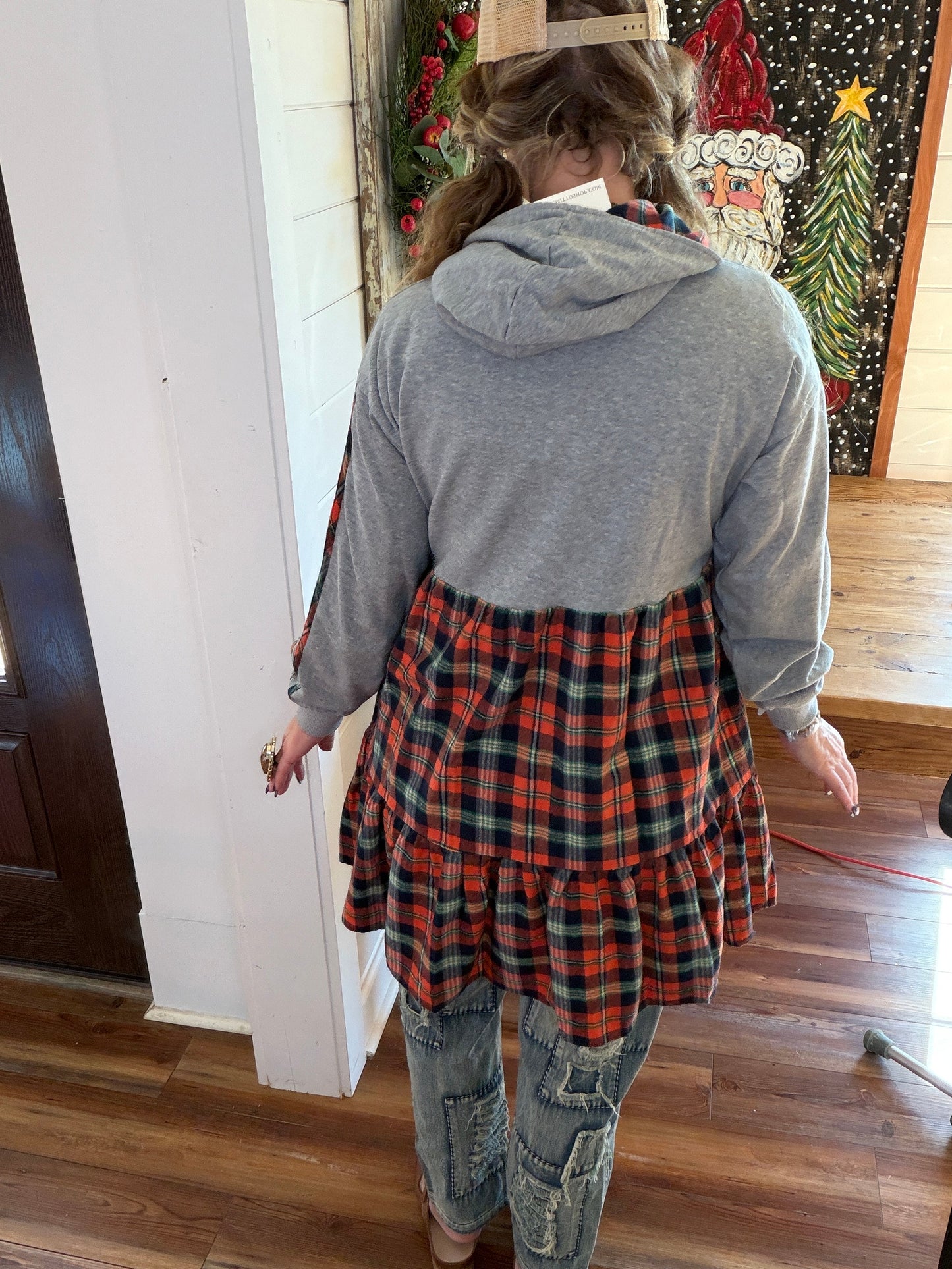 MITTOSHOP- Mixed Plaid Oversized Hoodie Dress (Orange/Blue) *Final Sale*