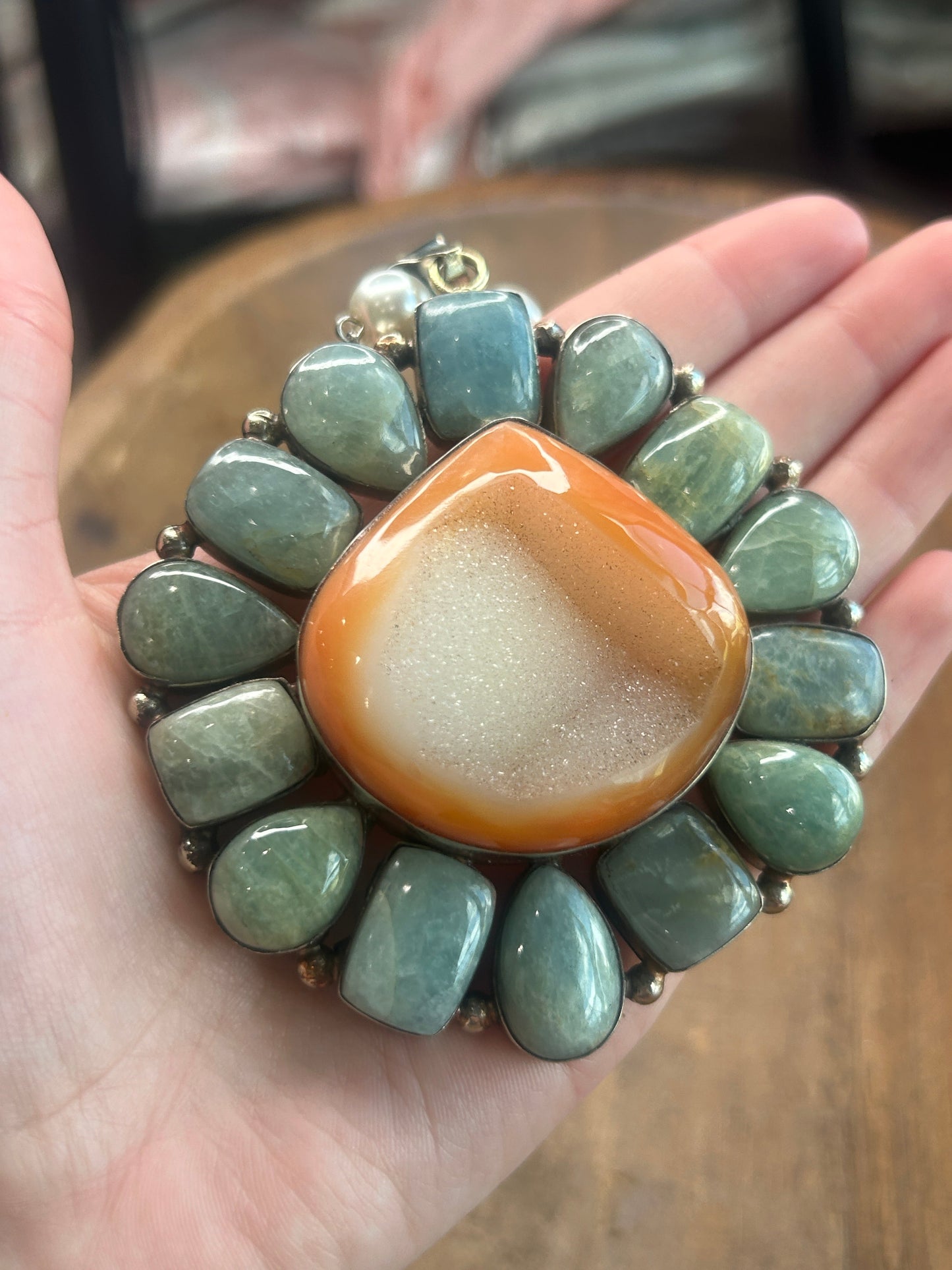 German Silver Amazonite and Druzy Carnelian Necklace