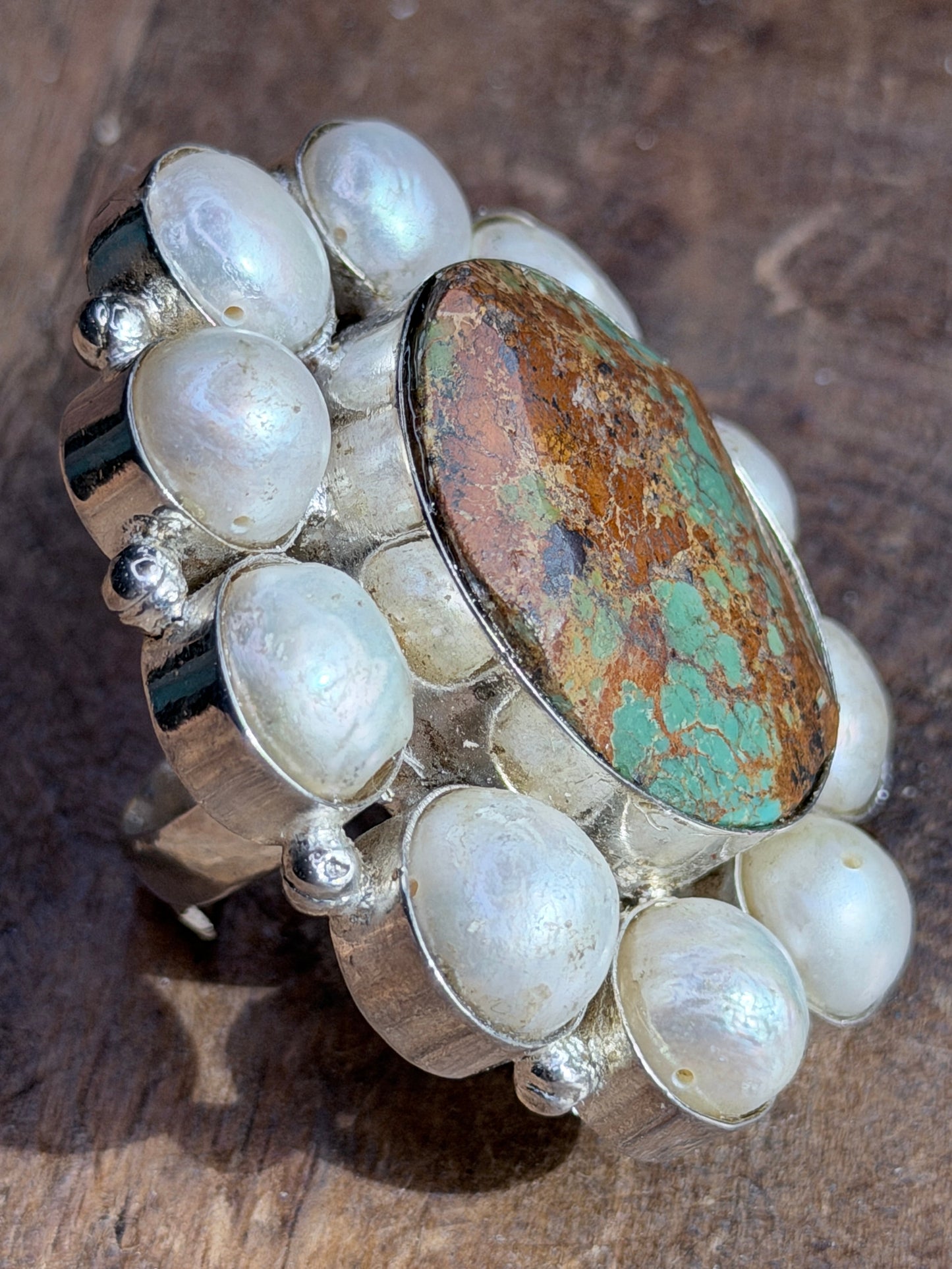 German Silver Turquoise and Pearl Cluster Ring