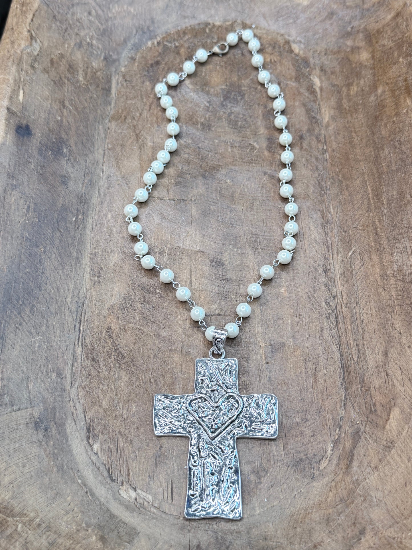 Textured Silver Heart Cross Necklace