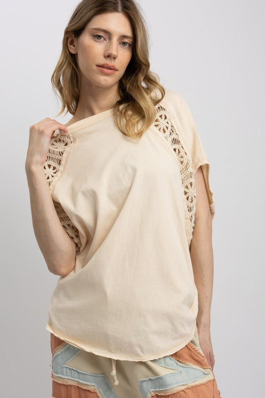 Blue Velvet- Mineral Washed Lace Accent Top (Taupe) *Final Sale*