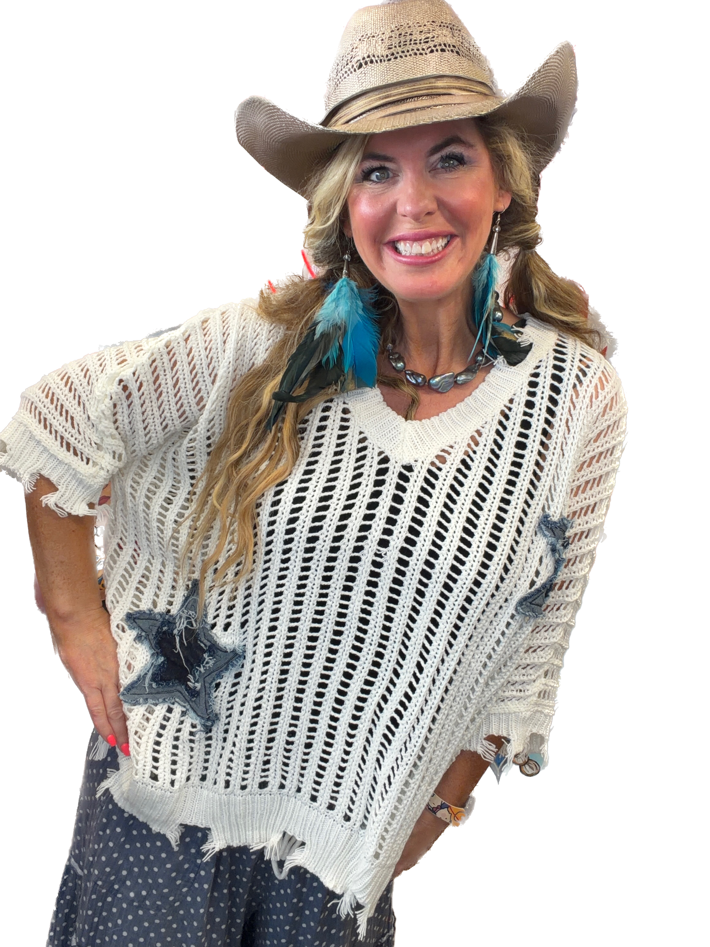 Distressed Star Knit Pullover (White) *Final Sale*