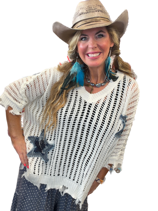 Distressed Star Knit Pullover (White) *Final Sale*