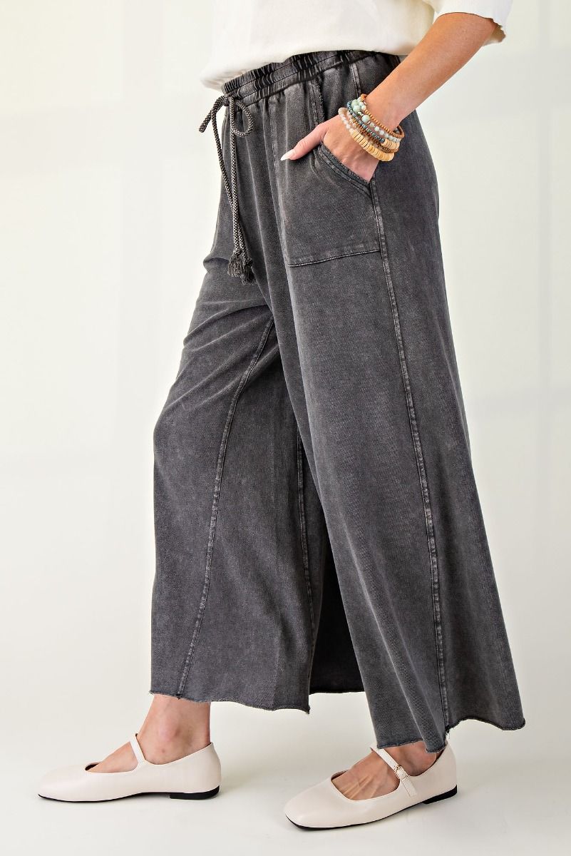 Easel- WASHED TERRY KNIT WIDE PANTS (BLACK) *Final Sale*