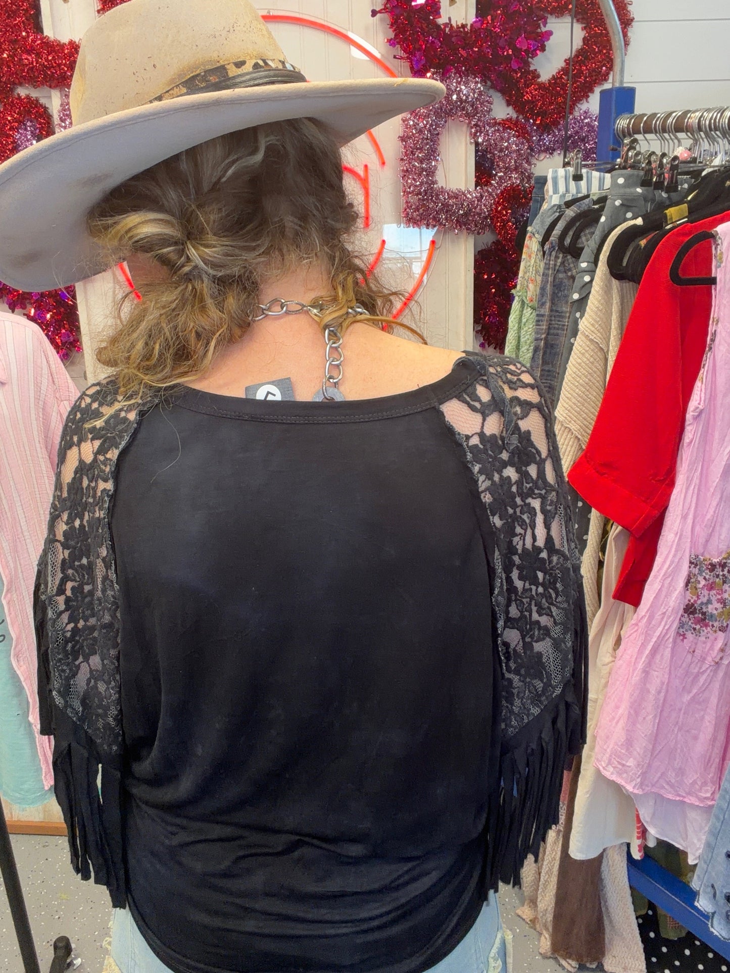 I love Linen- Lace and Fringe Sleeve Top (Black) *Final Sale*