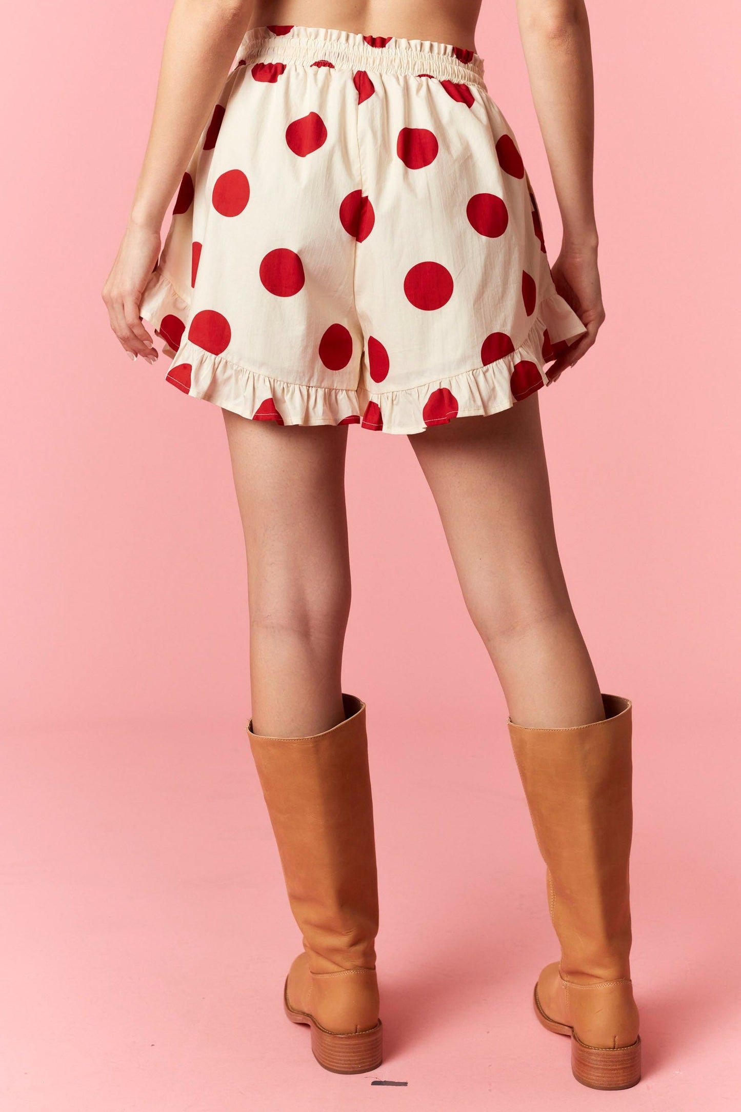 Peach Love- Wide Polka Dot Mini Ruffle Hem Detailed Flare Short (Cream/Red)