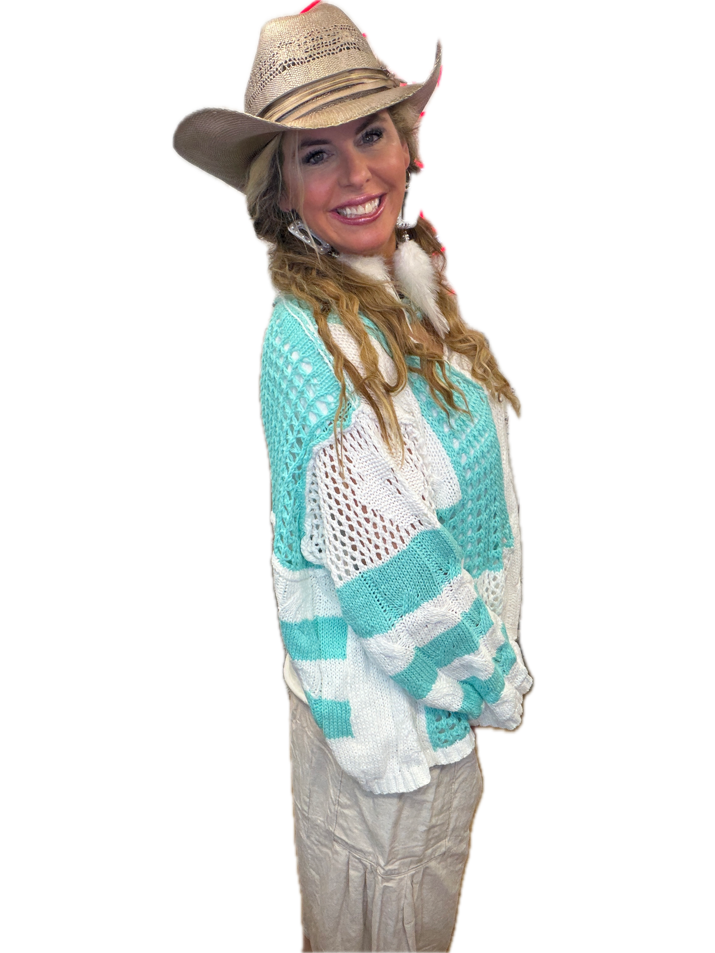 POL- Color Block V-Neck Sweater (Aqua) PREORDER *Final Sale*