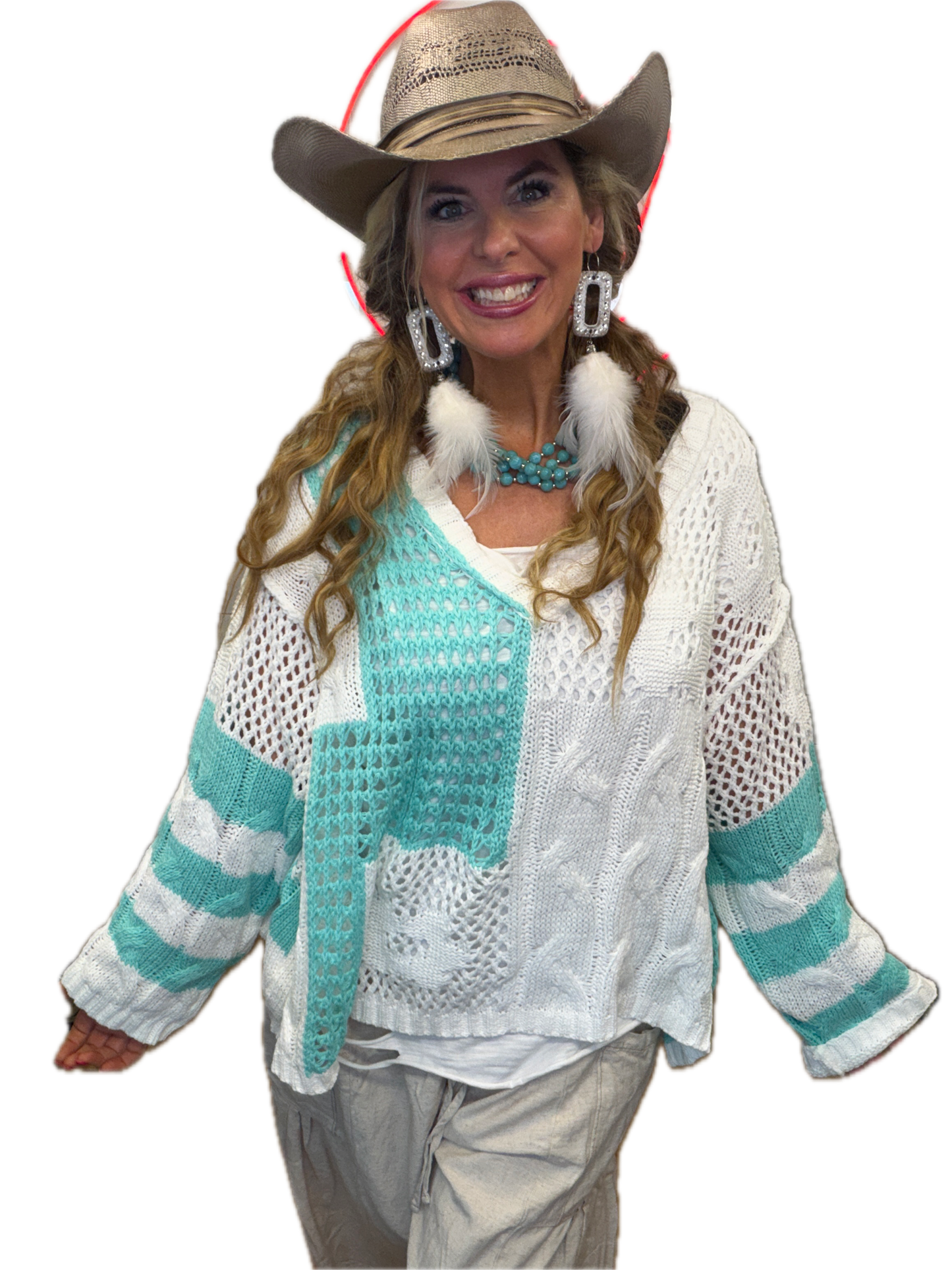 POL- Color Block V-Neck Sweater (Aqua) PREORDER *Final Sale*