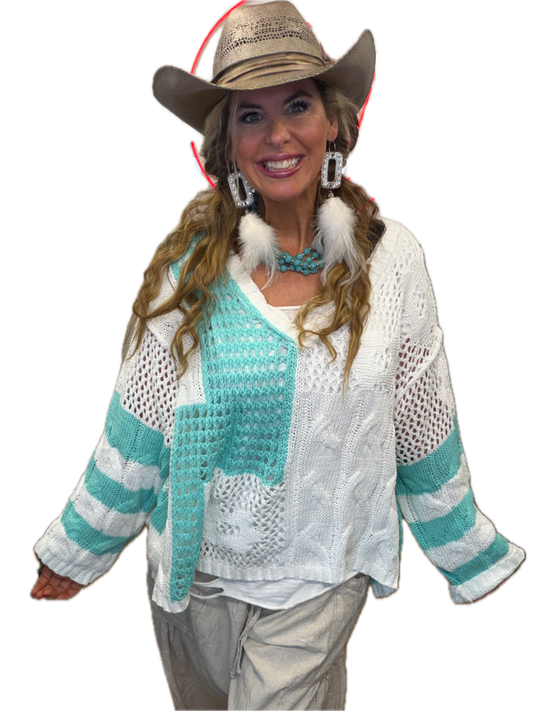 POL- Color Block V-Neck Sweater (Aqua) PREORDER *Final Sale*