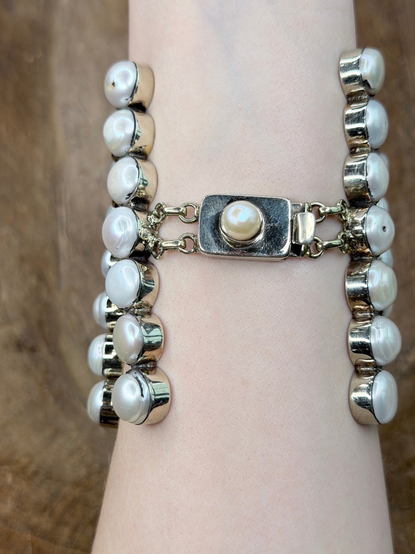 German Silver Linked Freshwater Pearl Bracelet