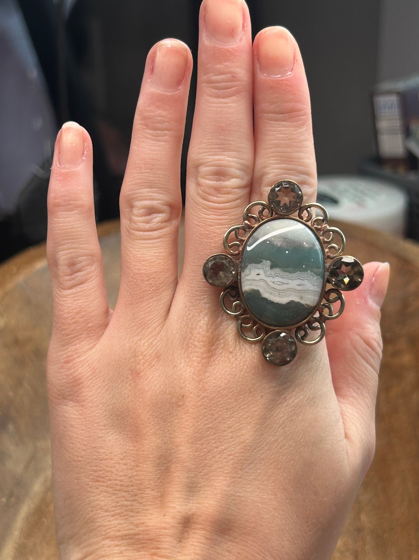 German Silver Banded Agate and Quartz Ring