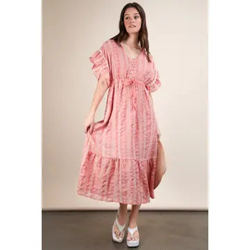 Very J Embroidered Boho Ruffled Midi Dress in Peach *Final Sale*