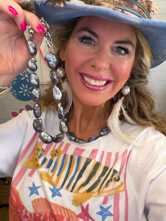 Genuine Chunky Baroque Pearl Necklace (Steel Grey Rainbow)