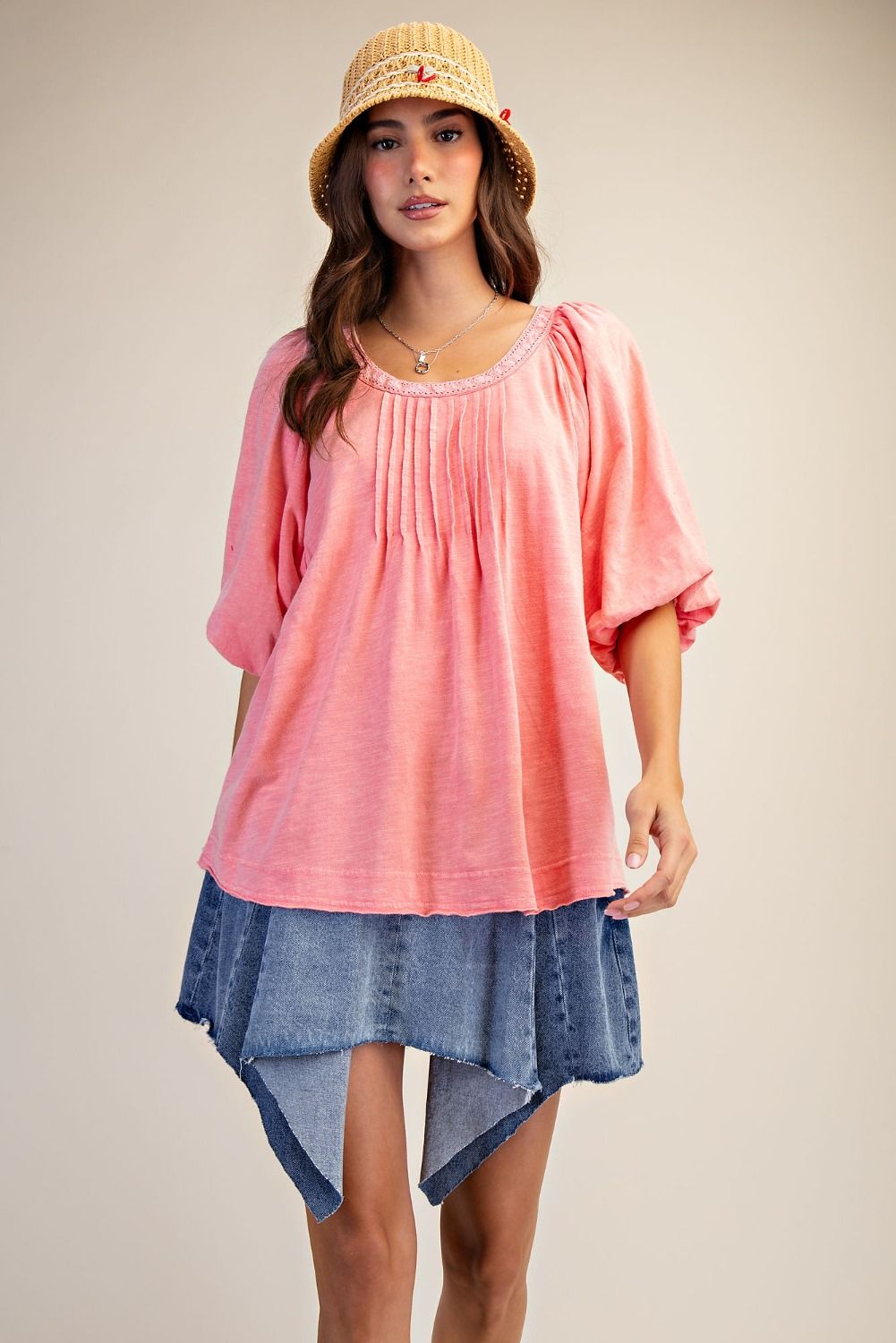EASEL - Mineral Washed Knit Top (Coral) *Final Sale*