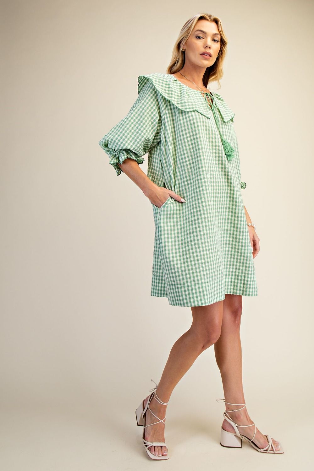 FINAL SALE EASEL - Calyx Collar Gingham Seesucker Dress (Apple Green)