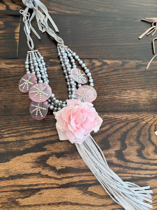 A Rare Bird- Five Strand Silver and Pink Rose Necklace