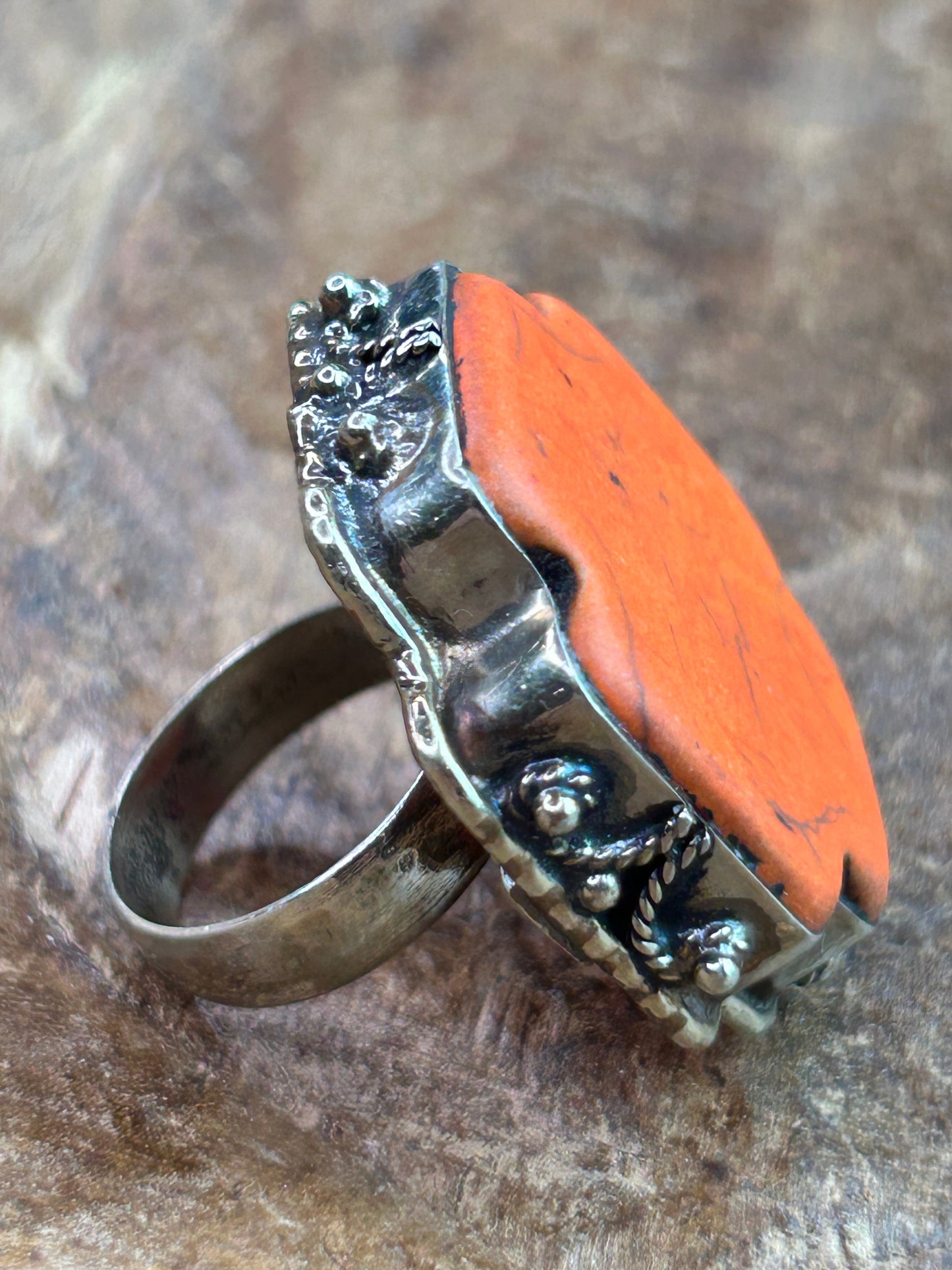 German Silver Orange Magnesite Square Cross Ring