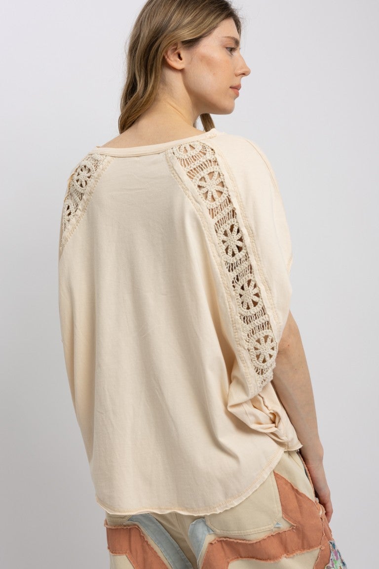 Blue Velvet- Mineral Washed Lace Accent Top (Taupe) *Final Sale*