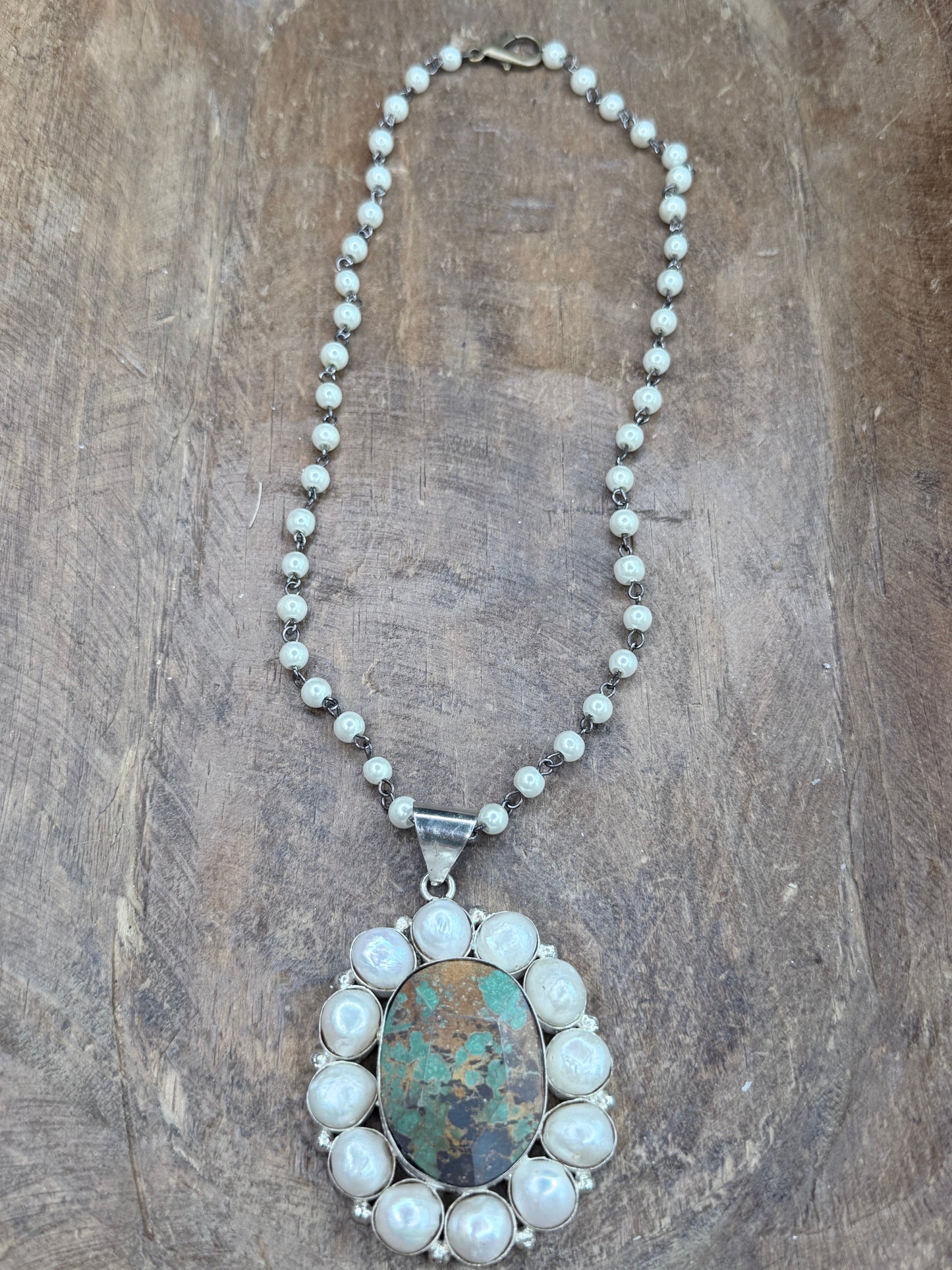 German Silver Turquoise and Pearl Cluster Necklace