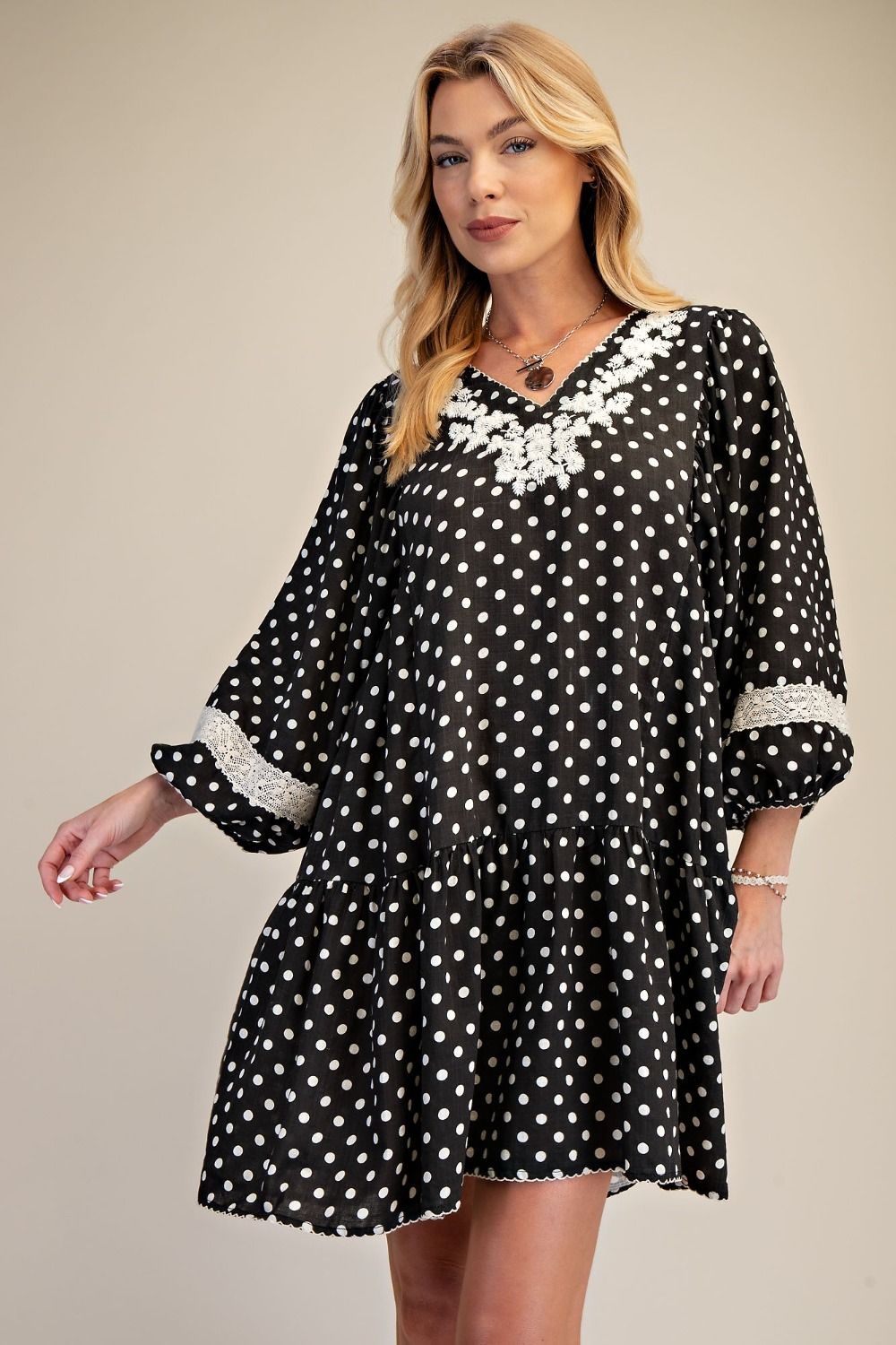EASEL - Polka Dot Crochet Trim Dress (Black) *Final Sale*