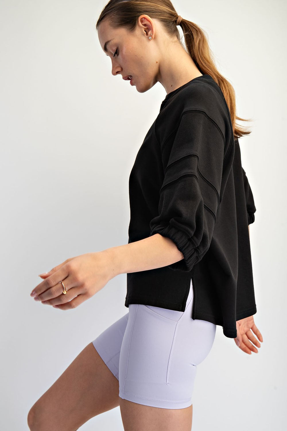 French Terry Bubbled Half Sleeve Top (Black)