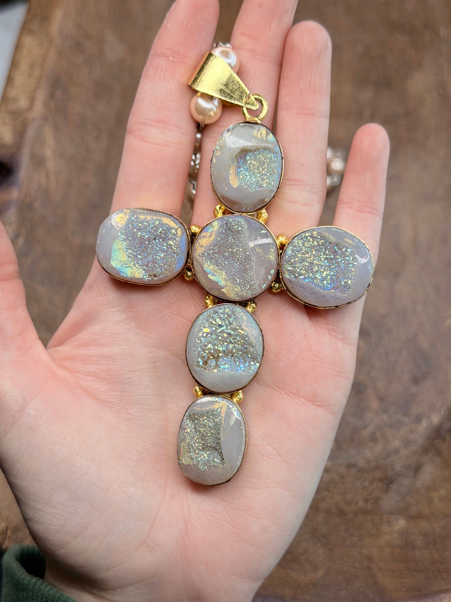 Bella German Silver Large Druzy Agate Cross Necklace