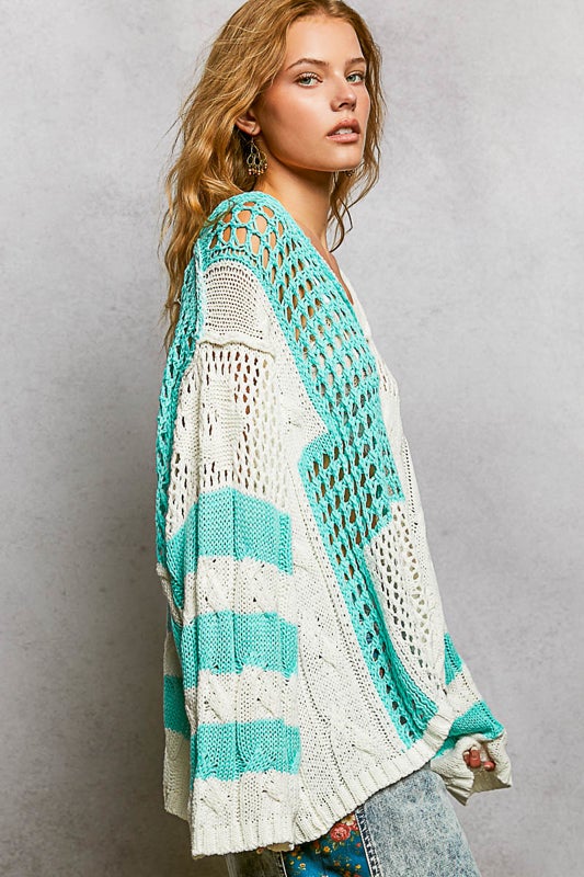 POL- Color Block V-Neck Sweater (Aqua) PREORDER *Final Sale*