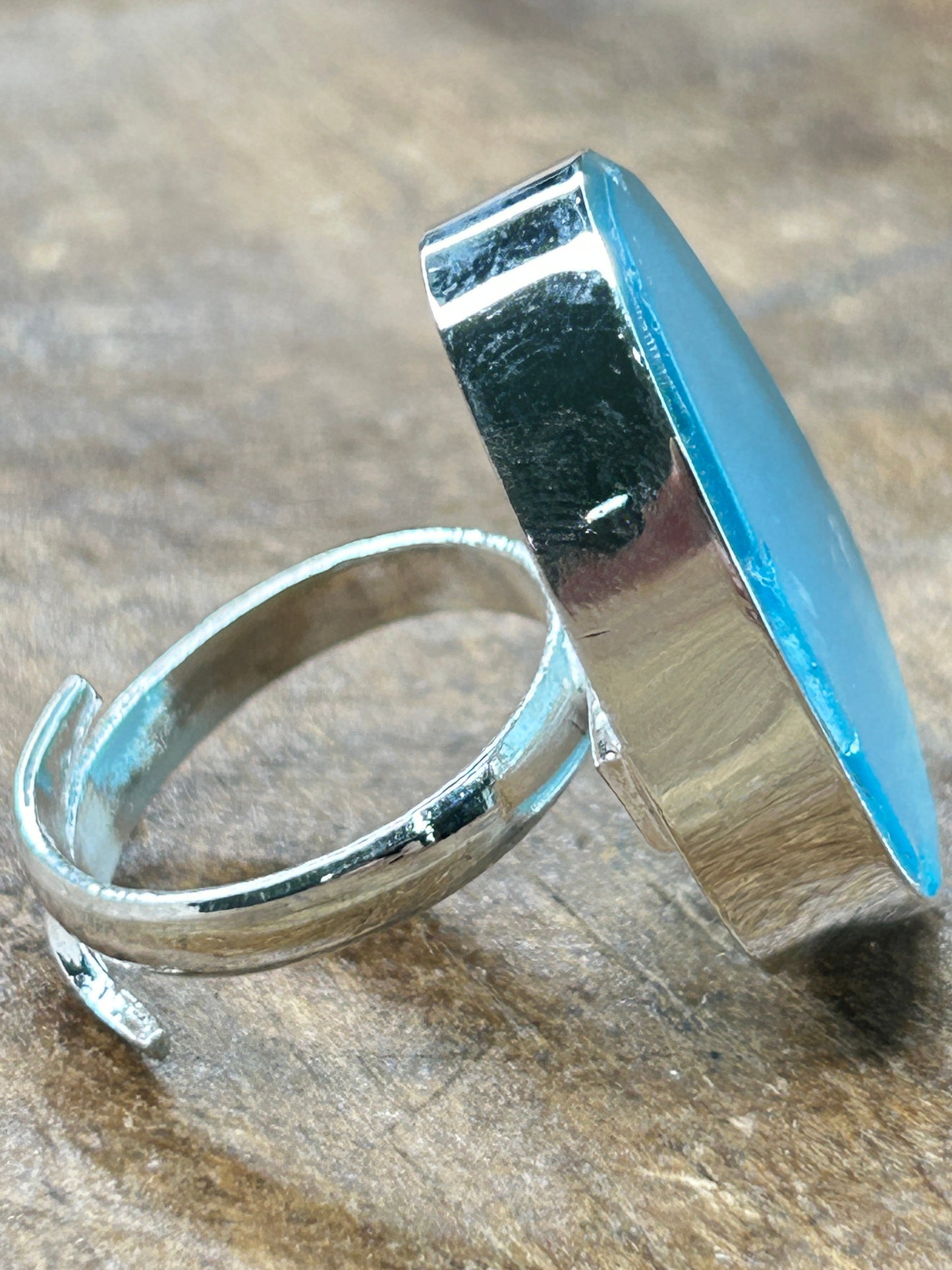 German Silver Natural Blue Sea Glass Ring (Triangular Small)