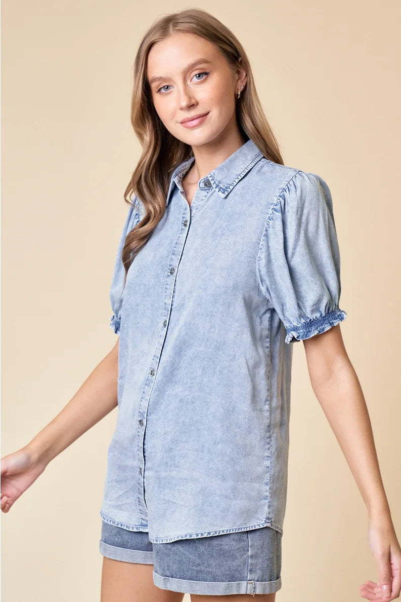 Puff Sleeve Button Down Top (Light Denim) *Final Sale*