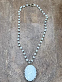 Tibetan Silver Pearl Carved Lady Cameo Necklace